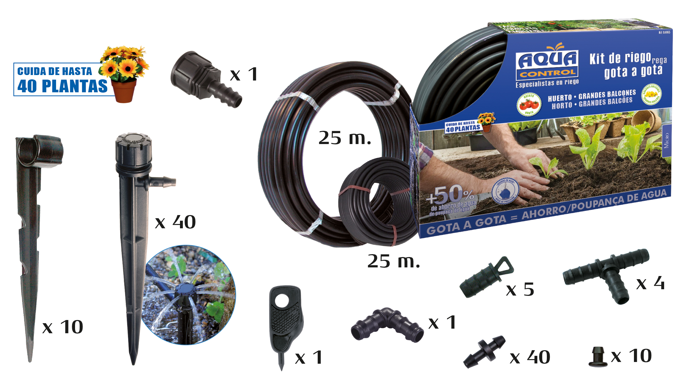 KIT DE RIEGO POR GOTEO 16+4 mm. 40 Goteros con estaca + accesorios