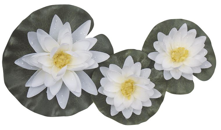 Nenúfar decorativo para estanqueSet 3 nenúfares blancos con gotas - 1 x Ø 14 cm. / 2 x Ø 9,5 cm.