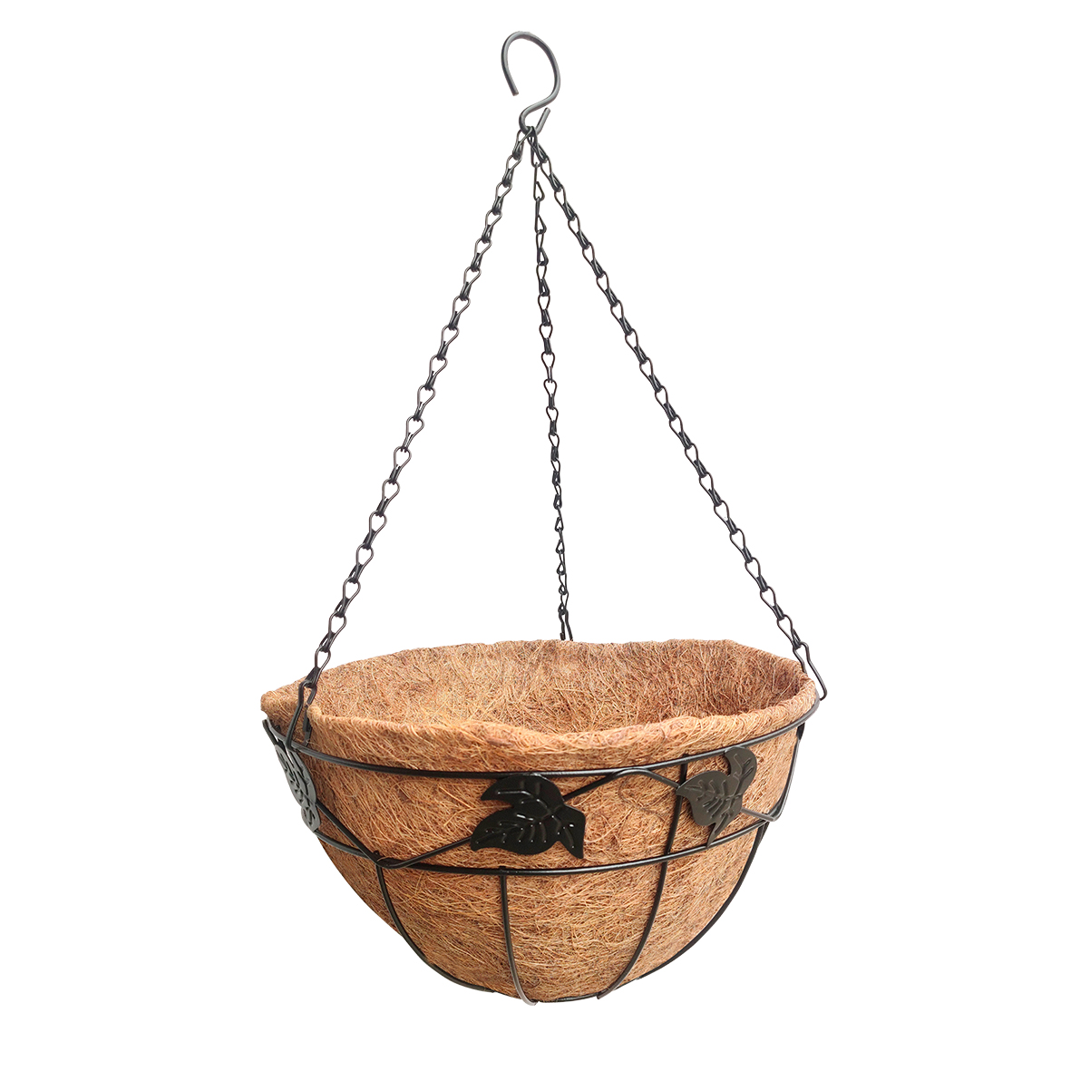Cesto colgante ornamental de hierro forjado + forro de coco Ø 30 cm. + cadenas - Modelo Mariposa | B6020