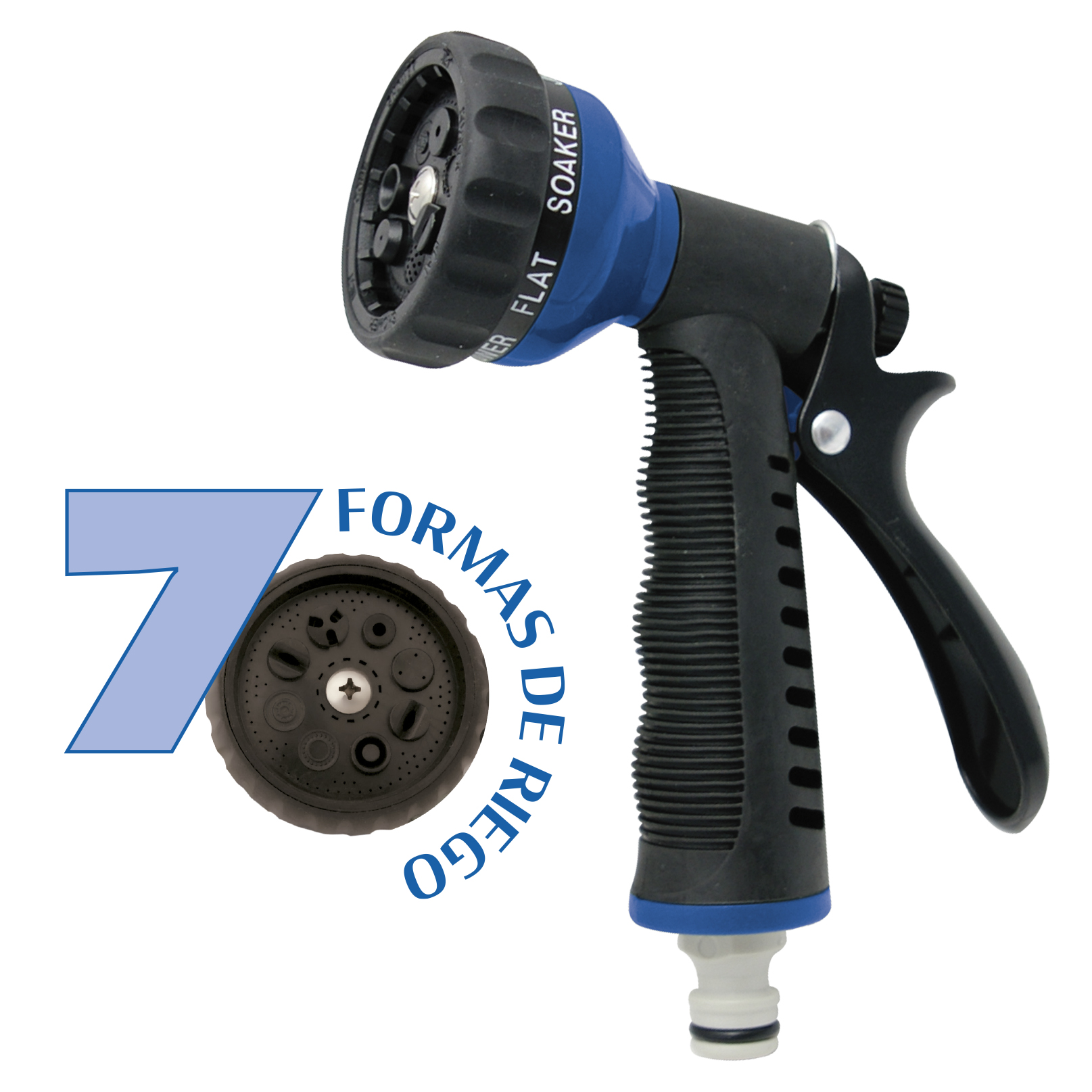 Set pistola 7 formas de riego + conectadores 19 mm. - Bimateria (ABS y caucho) | C2494
