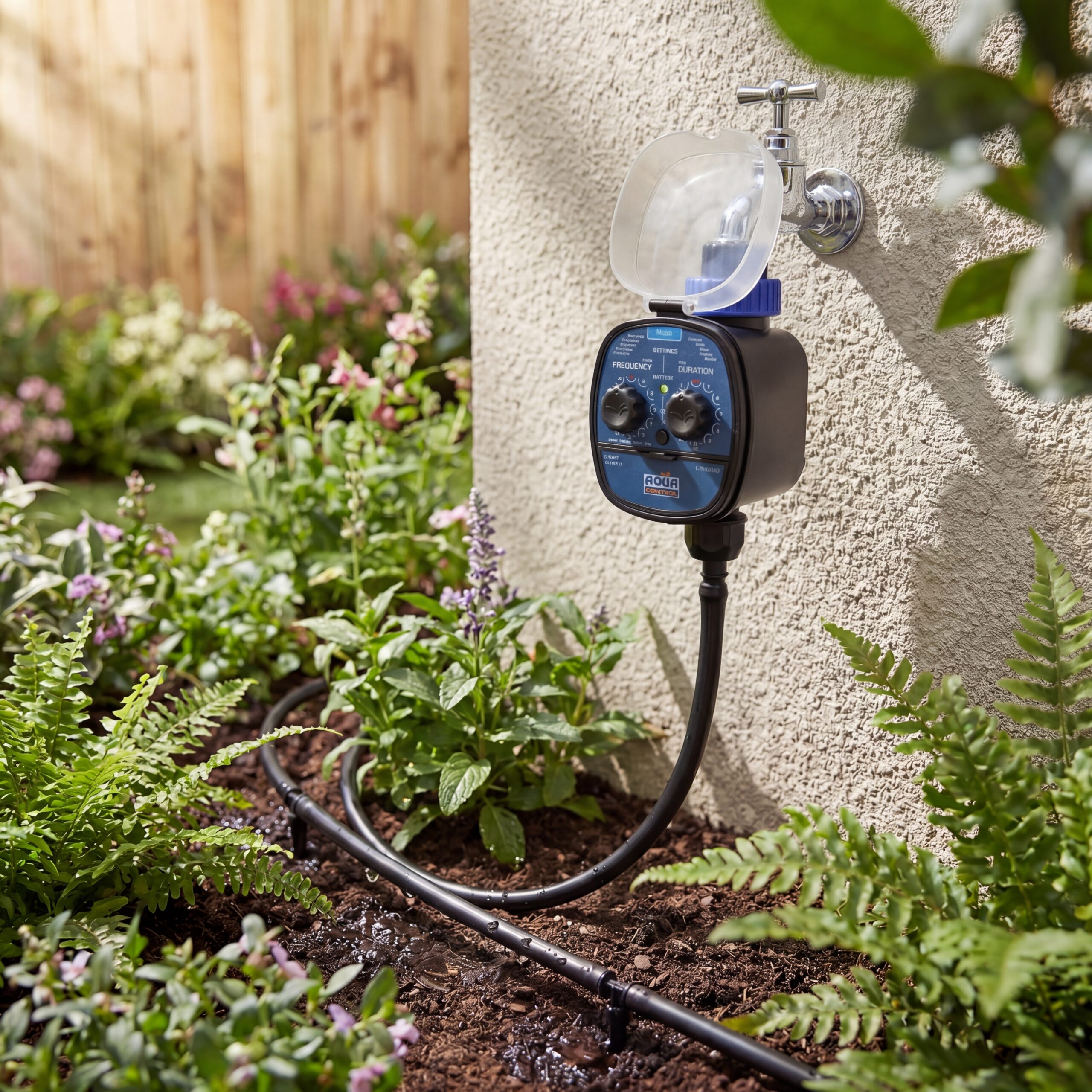 Aspersor de riego Aqua Control regando un jardín con flores