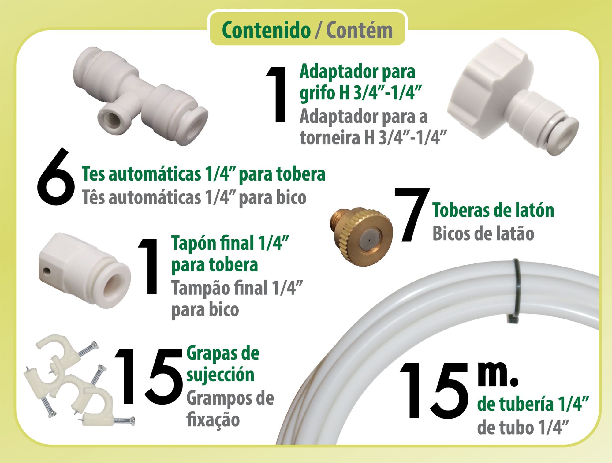 Kit 15 - 1/4" - Para terrazas y pérgolas - 15 metros de tubo + 7 emisores | V3000