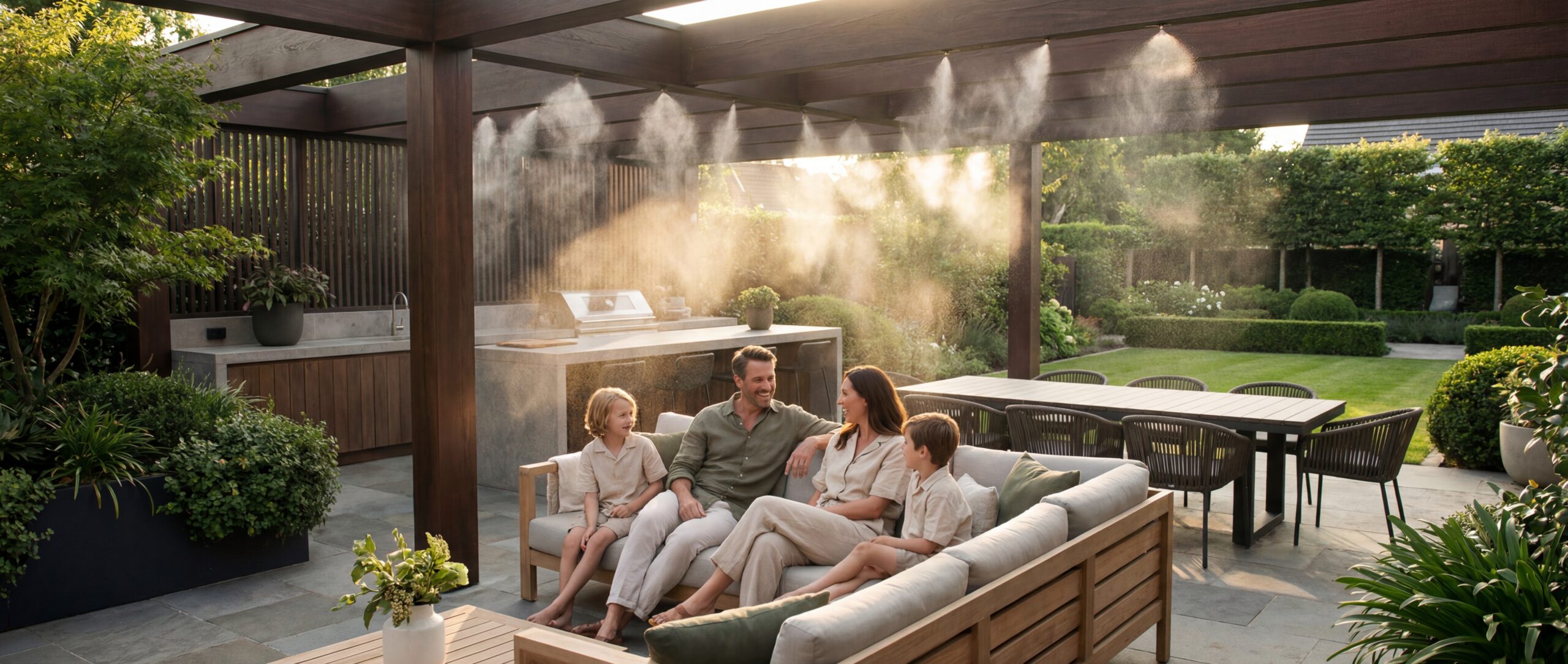 Sistema de nebulización refrescando una terraza con pérgola