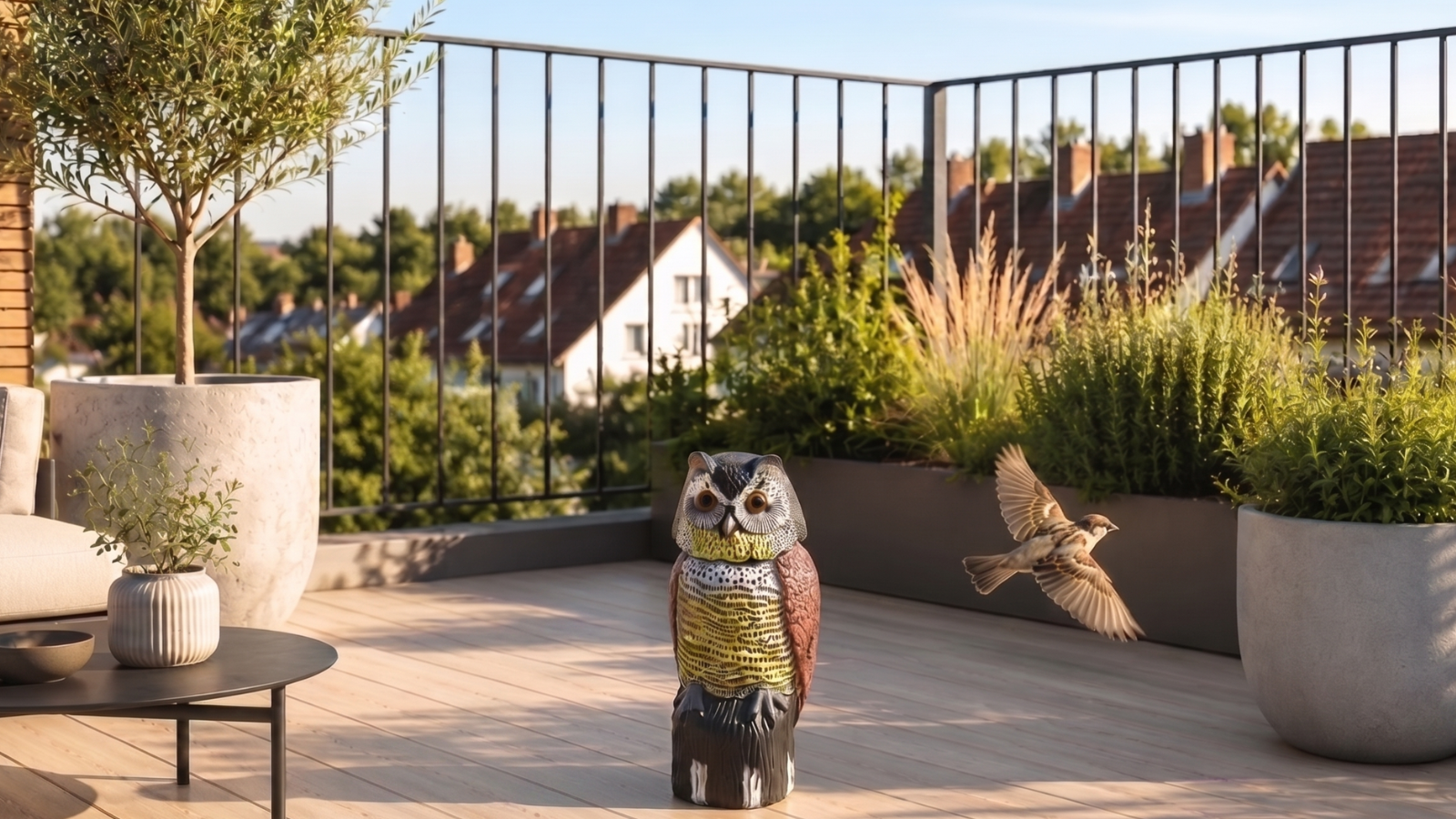 Búho espantapájaros de Biotop Garden en una terraza con plantas
