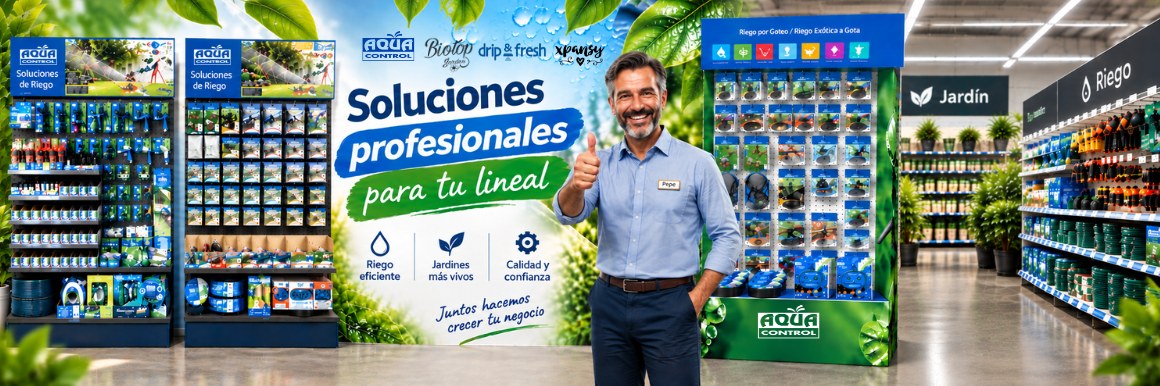 Lineal de Altadex con expositores de riego y jardín y el mensaje Soluciones profesionales para tu lineal