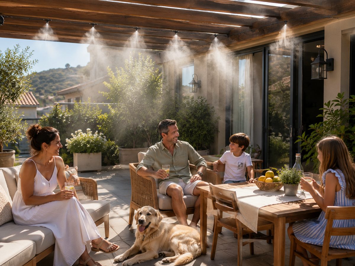 Sistema de nebulización Drip & Fresh refrescando una terraza con pérgola